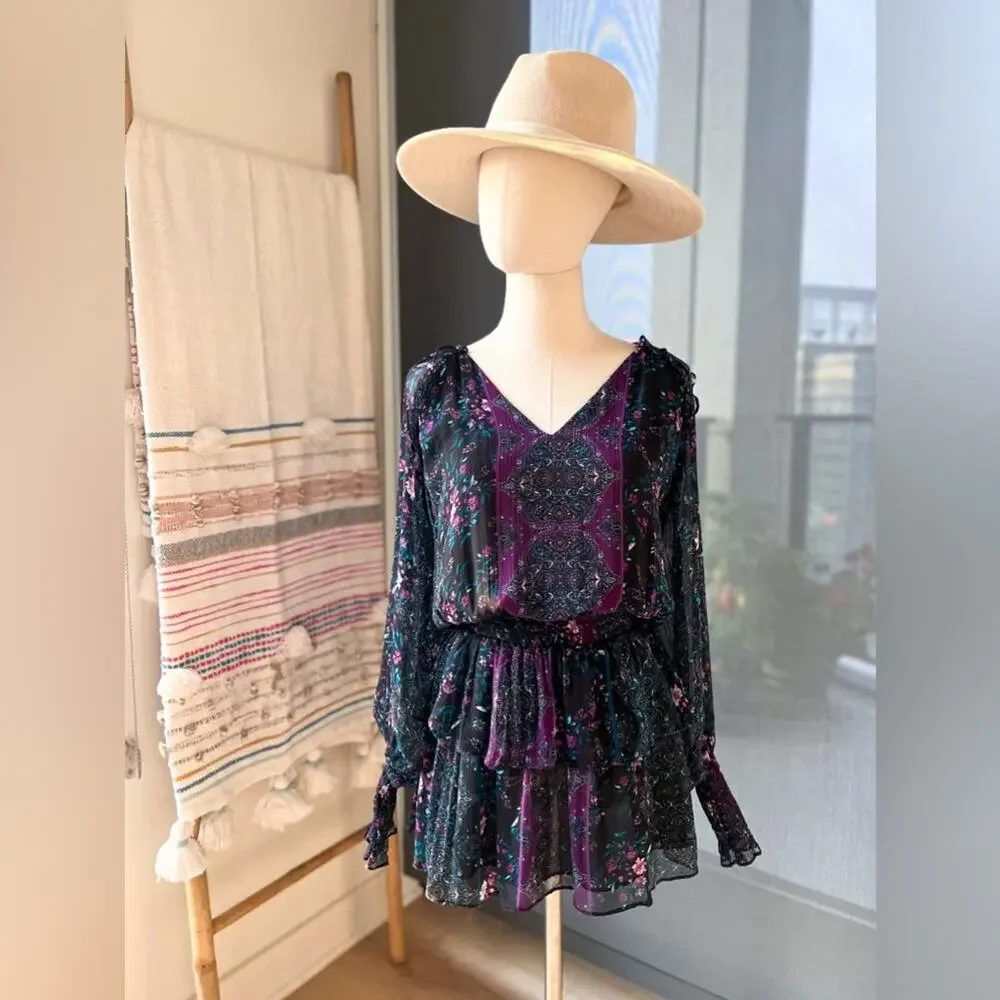 Ramy Brook Logan Floral Long Puff Sleeve 100% Silk Mini Dress Women’s Size Small - Picture 2 of 8